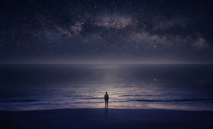 A person standing before a vast night sky and ocean, representing the meaning of immensheid
