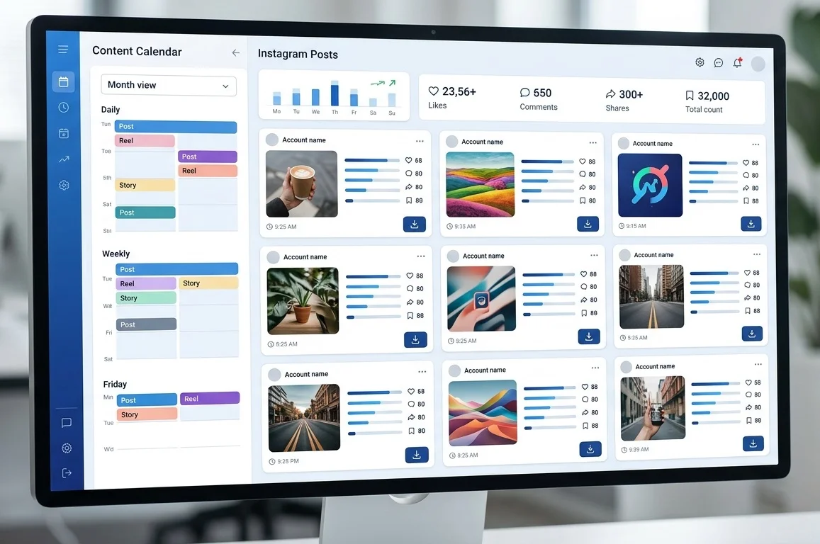 Inflact marketing dashboard showing Instagram content downloads with engagement metrics and analytics