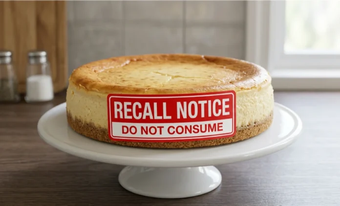 King Cheesecake recall warning label on a cheesecake