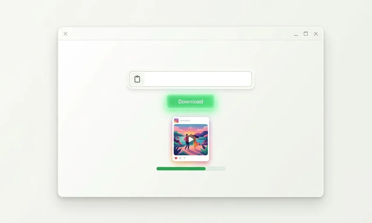 A desktop application window displaying multiple Instagram profile grids downloading simultaneously, with progress bars and folder icons. Stack of image thumbnails being saved into organized folders on a hard drive visual. Dark charcoal UI with blue accent colors. Clean professional software aesthetic. No logos or text. 