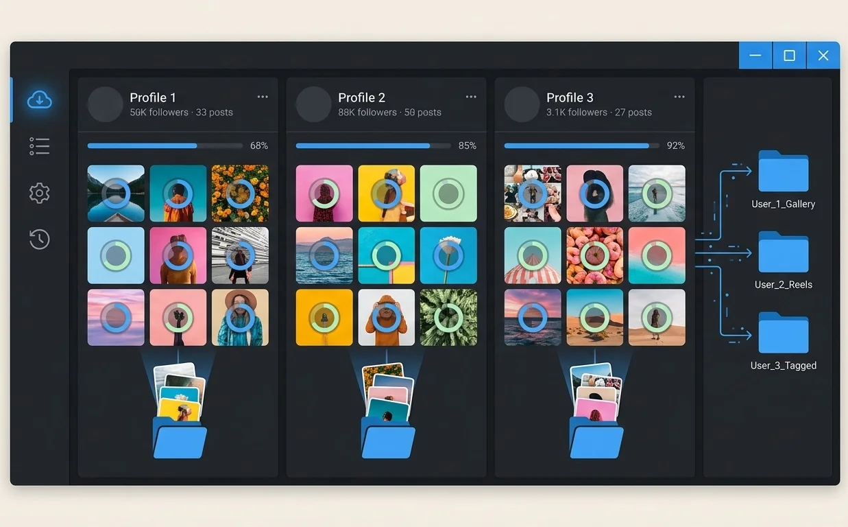 4K Stogram desktop app bulk downloading multiple Instagram profiles and posts into folders