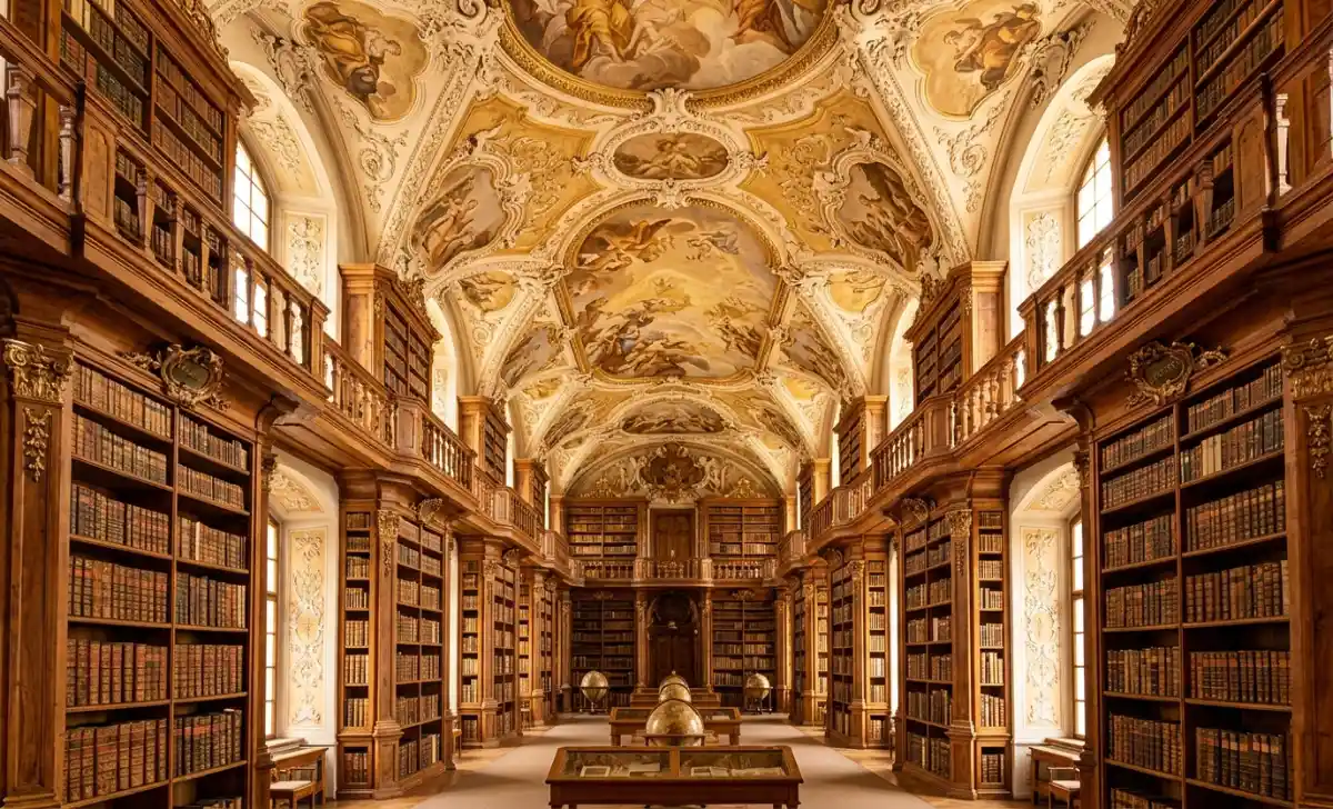 Interior of Admont Abbey library with Baroque ceiling frescoes and floor-to-ceiling bookshelves filled with antique volumes