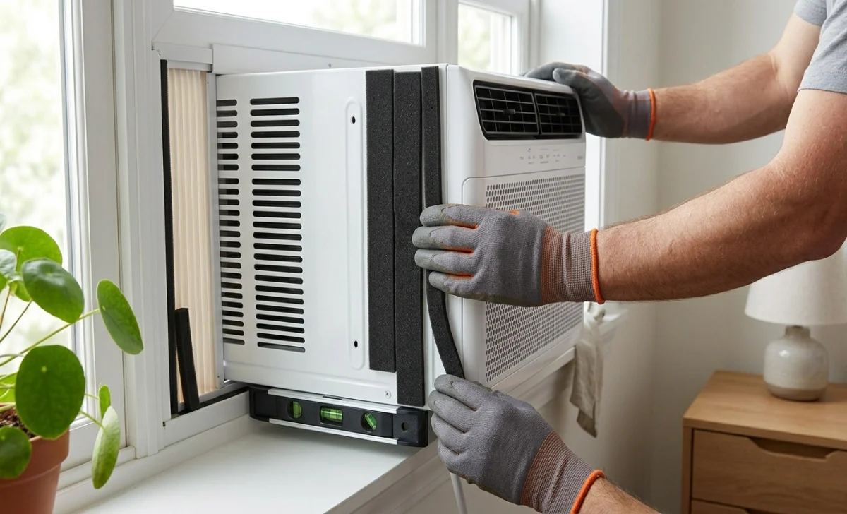 Window AC unit installation showing foam seal and outward tilt for drainage
