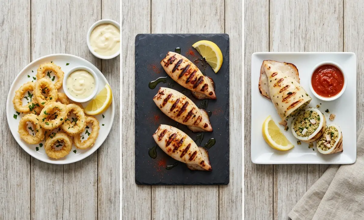 Three styles of calamariere: fried, grilled, and stuffed, displayed side by side