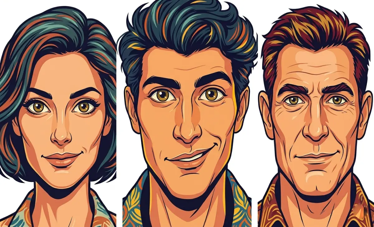 Caricatronchi: When Expression Matters More Than Appearance Three expressive digital caricature portraits showing exaggerated facial features in a modern illustration style