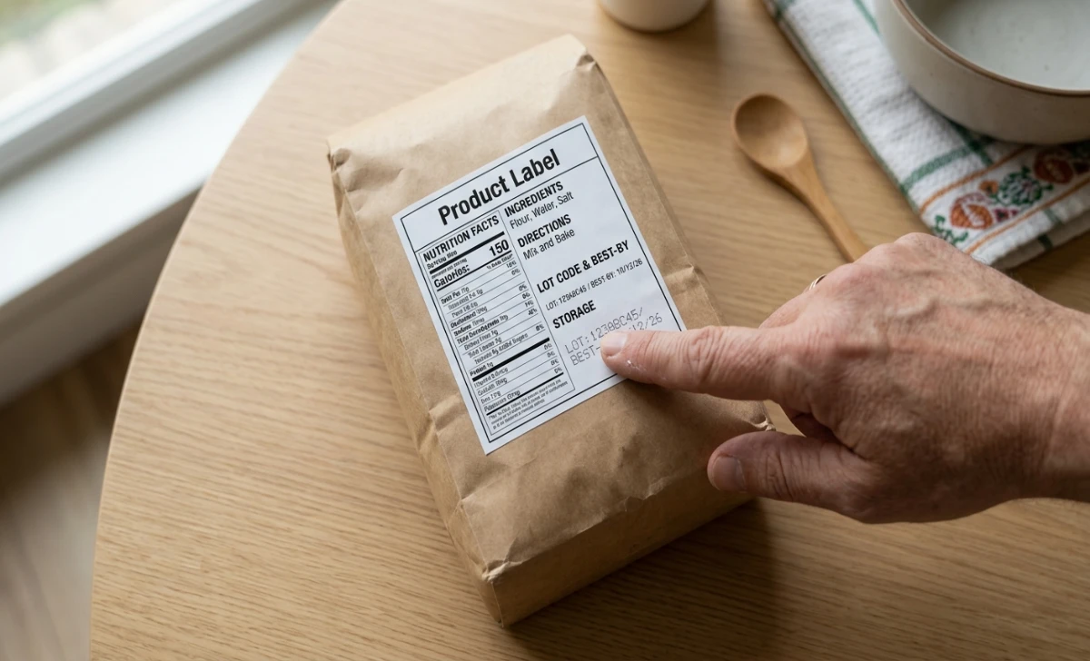 Person checking lot code and best-by date on food packaging to identify recalled King Cheesecake products