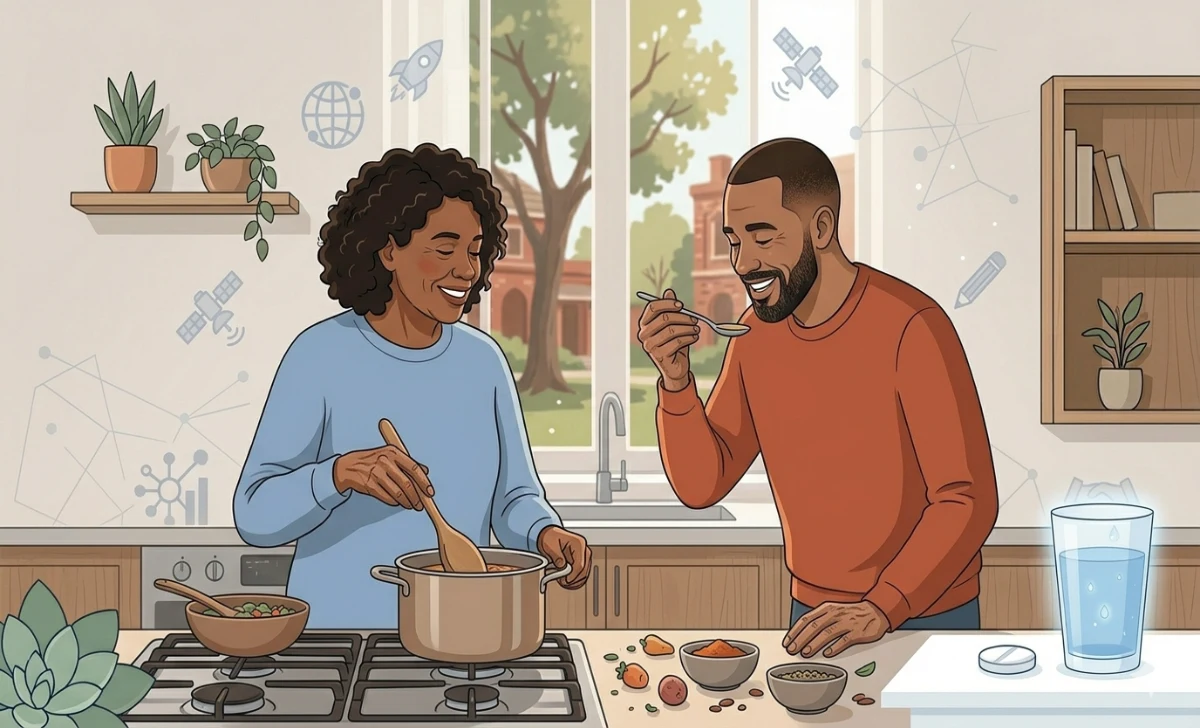 Two people cooking together in a kitchen, naturally demonstrating Duaction through shared effort and real-time feedback