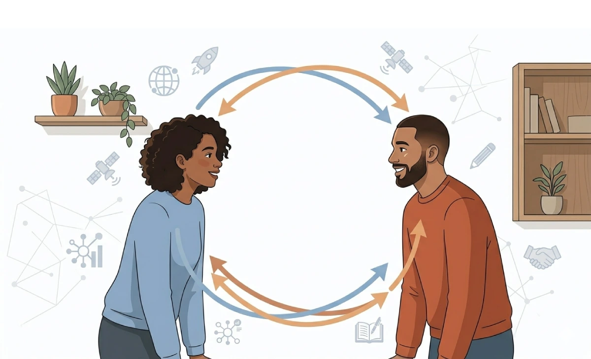 Illustration of a continuous feedback loop between two people, showing the Duaction process