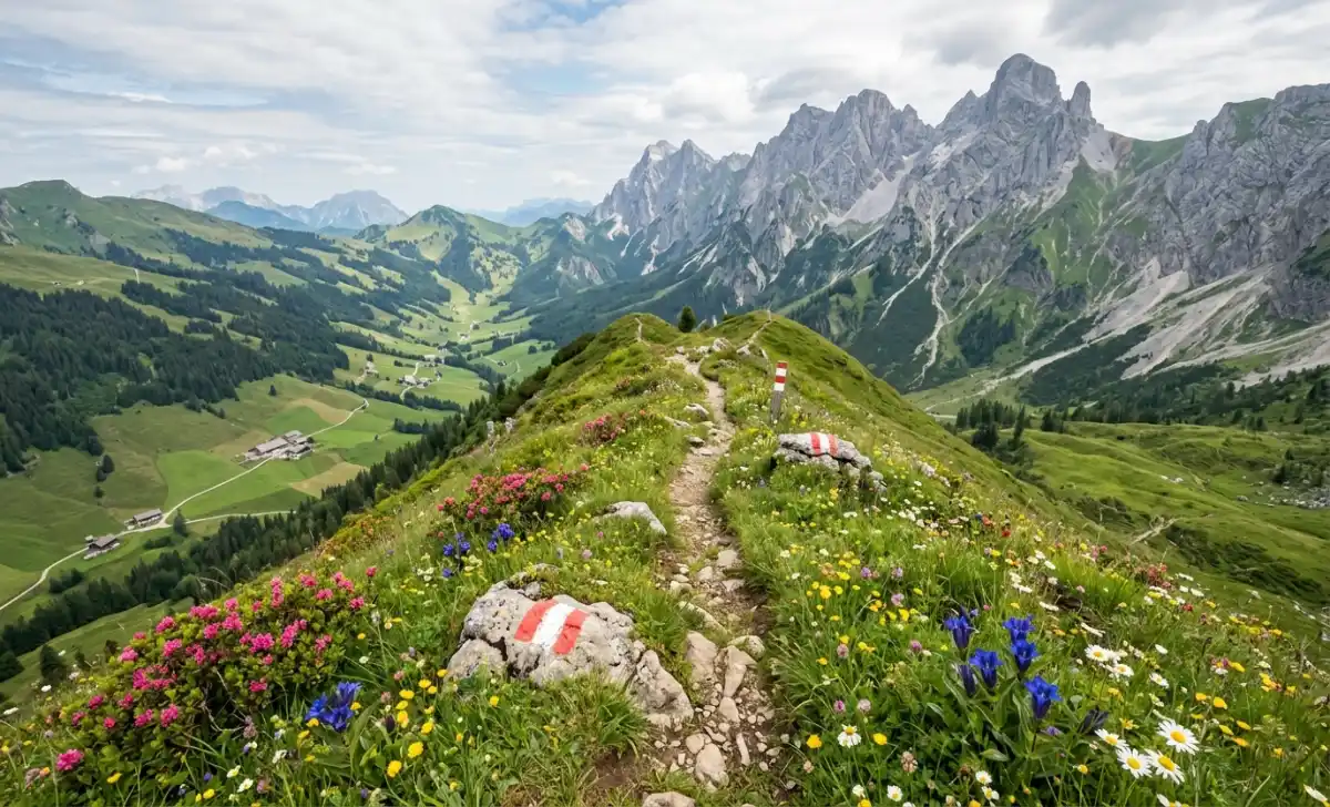 Hiking trail through Enntal with wildflowers lining the path and limestone peaks visible in the background