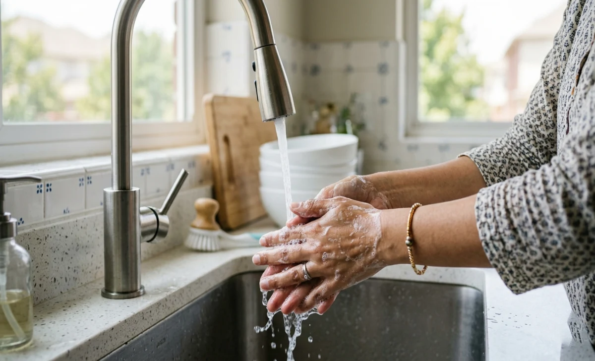 Person washing hands at kitchen sink after handling recalled King Cheesecake products