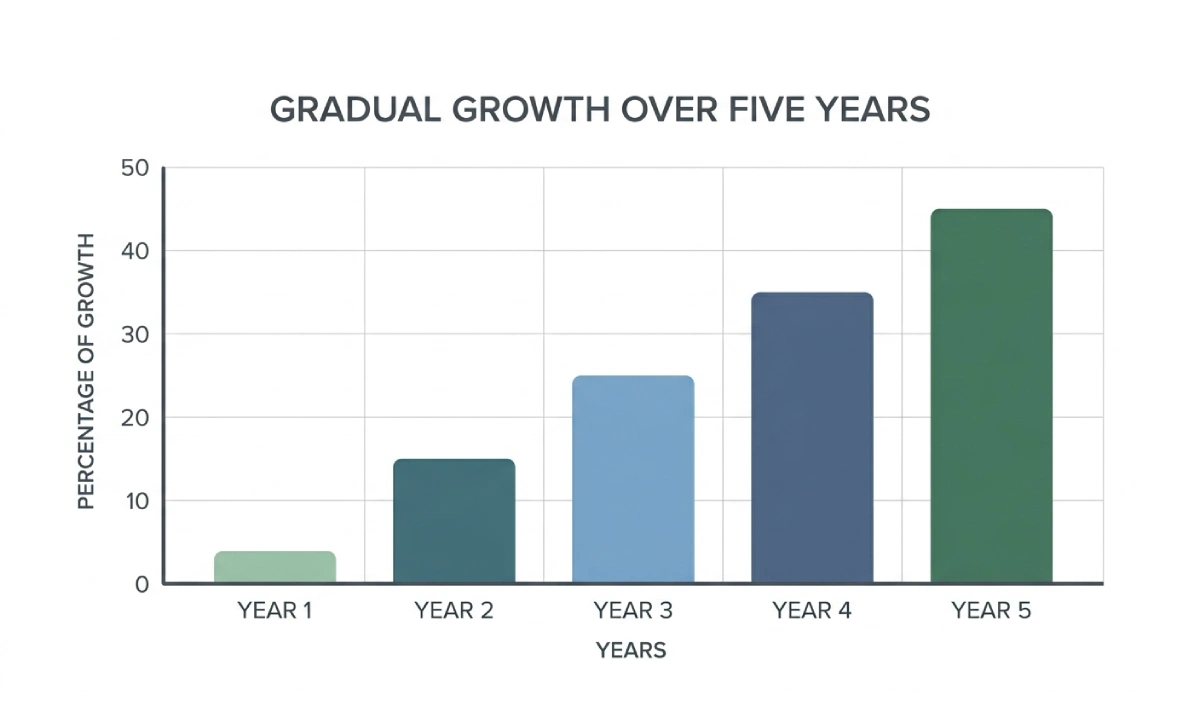 A flat design bar chart showing steady investment growth over five years