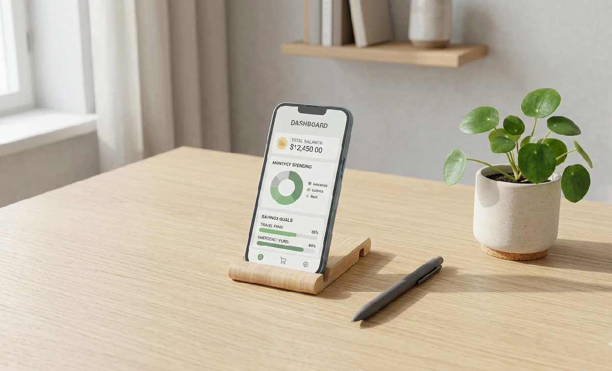 A phone displaying a finance dashboard on a clean desk with a pen and plant