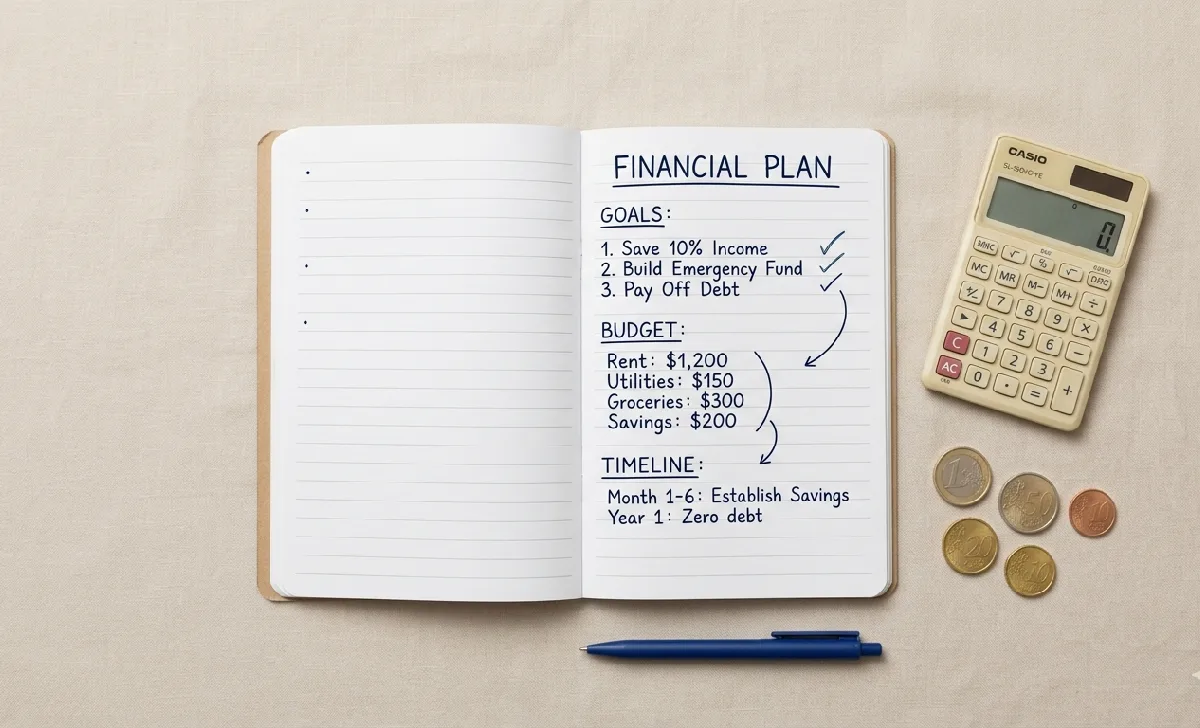 Notebook with a financial plan, calculator, and coins on a neutral background