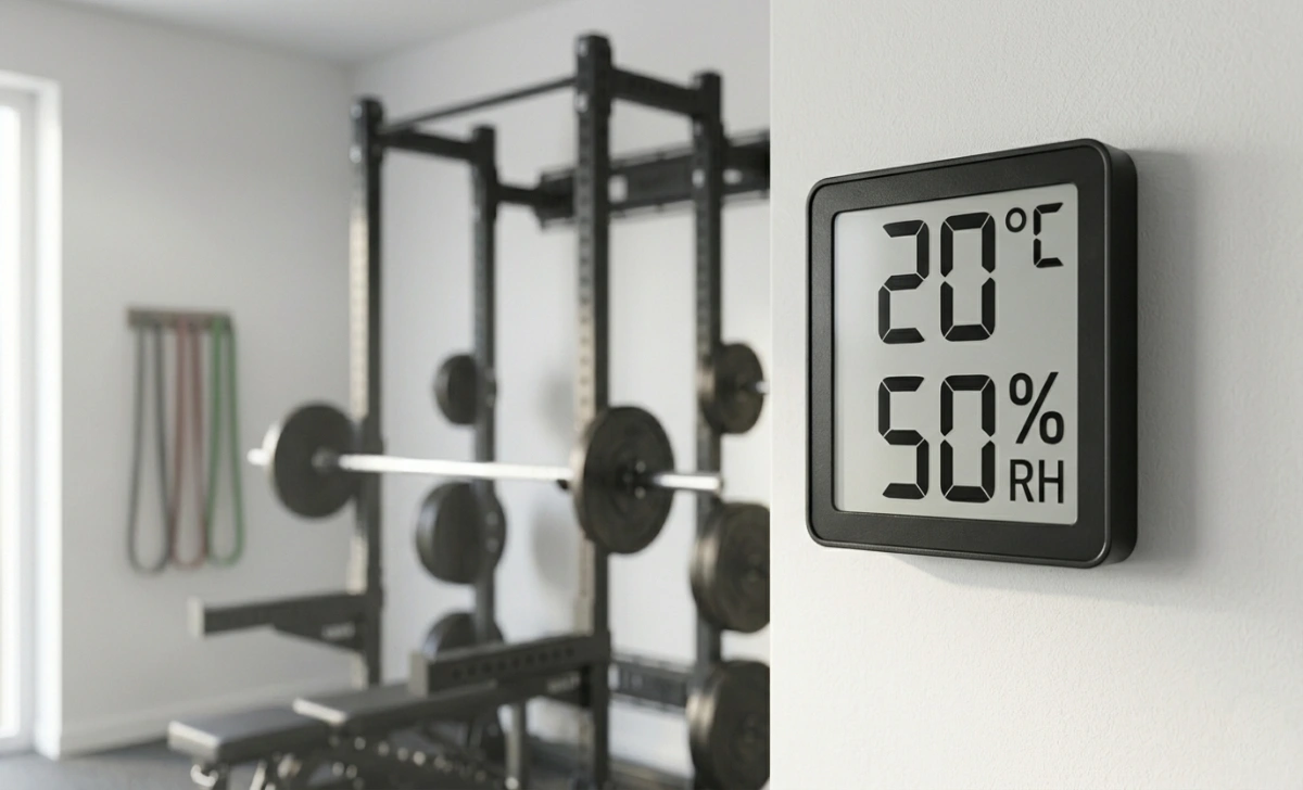 Digital hygrometer showing 20°C temperature and 50% humidity mounted on a home gym wall