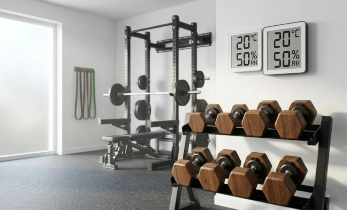 Home Gym Meteorology Shop Evaluate Fitnara Smart Setup Guide 2026 Home gym setup with smart equipment and climate monitor to evaluate Fitnara fitness platform