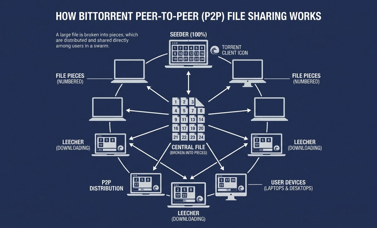 Diagram showing how BitTorrent peer-to-peer file sharing distributes file pieces across multiple users in a swarm