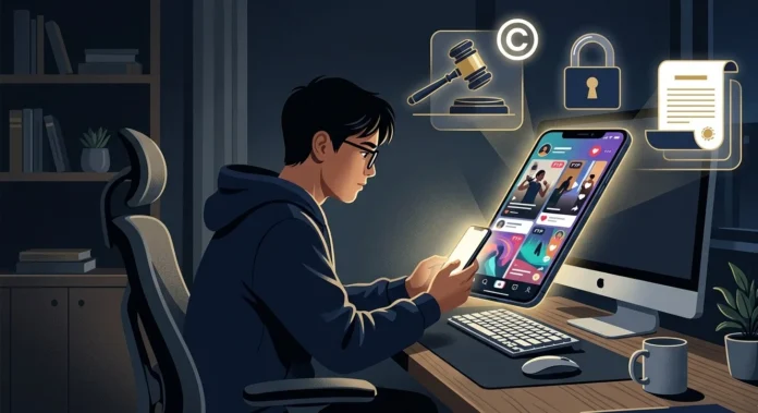 Is It Legal to Download Social Media Content – Legal Overview Person viewing social media videos on smartphone with copyright and legal icons overlay