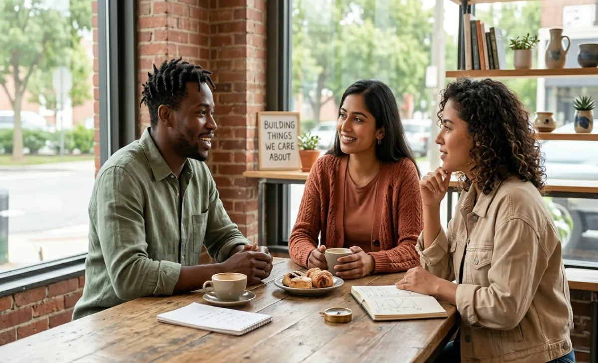 Three diverse entrepreneurs in a casual setting having a purposeful conversation about sustainable and passion-driven business
