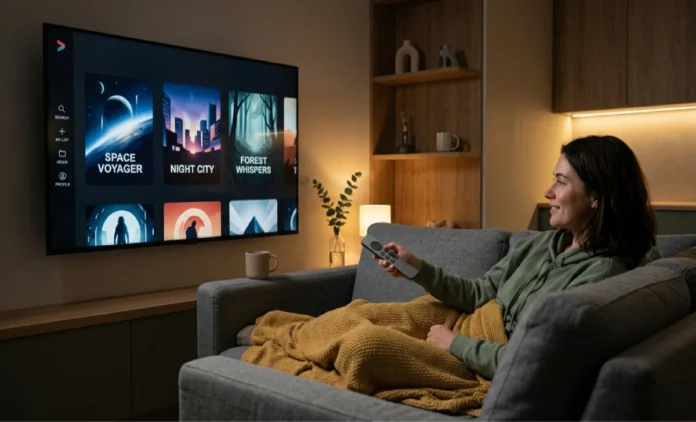 Movie Ruzel.com – Free Movie Streaming Review 2026 Person watching free movies online on a streaming website at home