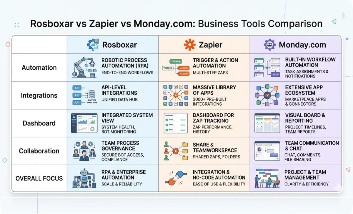 Rosboxar vs Zapier vs Monday comparison of workflow automation tools
