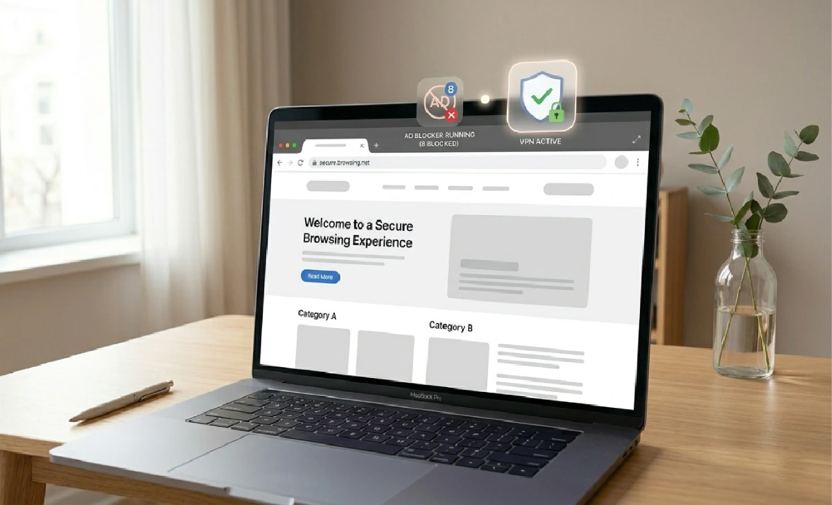 Movie Ruzel.com Review 2026: Is It Safe & Legal for Free Movie Streaming? Laptop screen showing a VPN and ad blocker active for safe free movie streaming