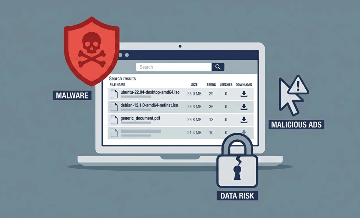 Illustration of a laptop showing a torrent site with warning icons representing malware, malicious ads, and data risk